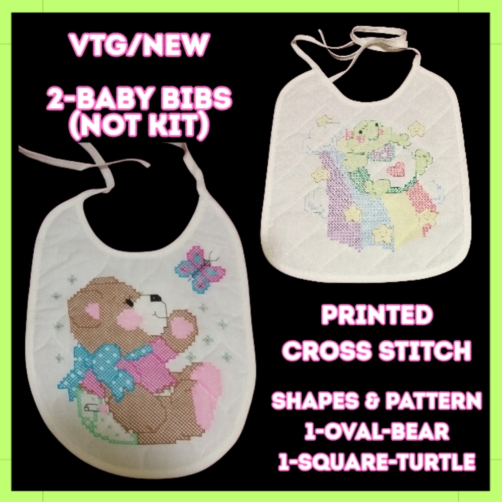 🔥 VTG / NEW / 2-BABY BIBS / PRINTED CROSS STITCH (NOT A KIT)
